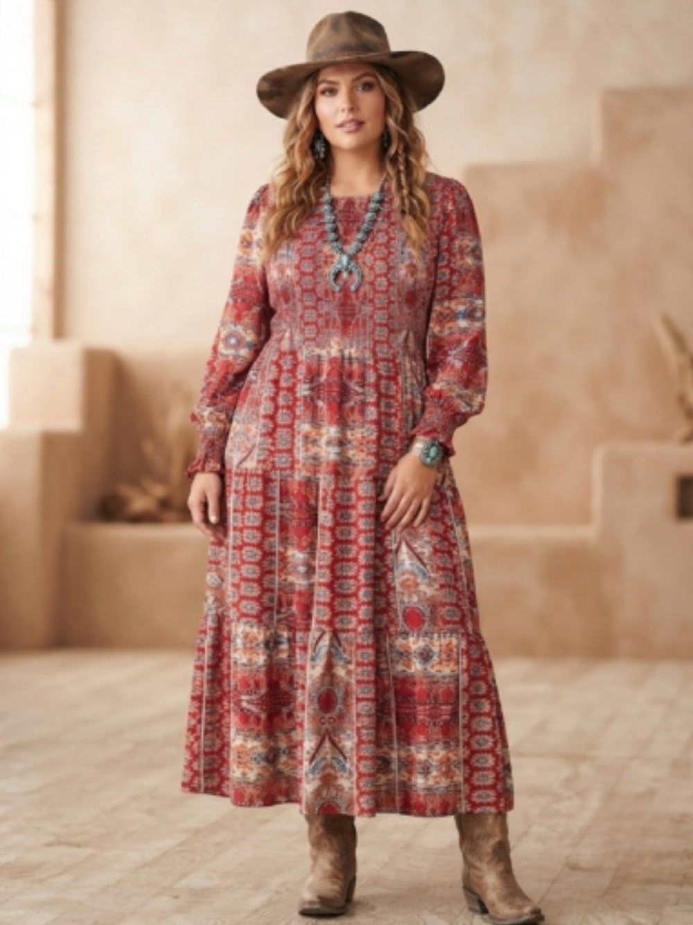 Blue Zone Planet Boho Tiered Maxi Dress XL Red Paisley Patchwork Smocked